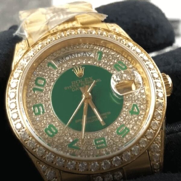 rolex-datejust-green-dial-replica-3.jpg Rolex Datejust Yellow Gold Green Dial Iced out 118348 Replica
